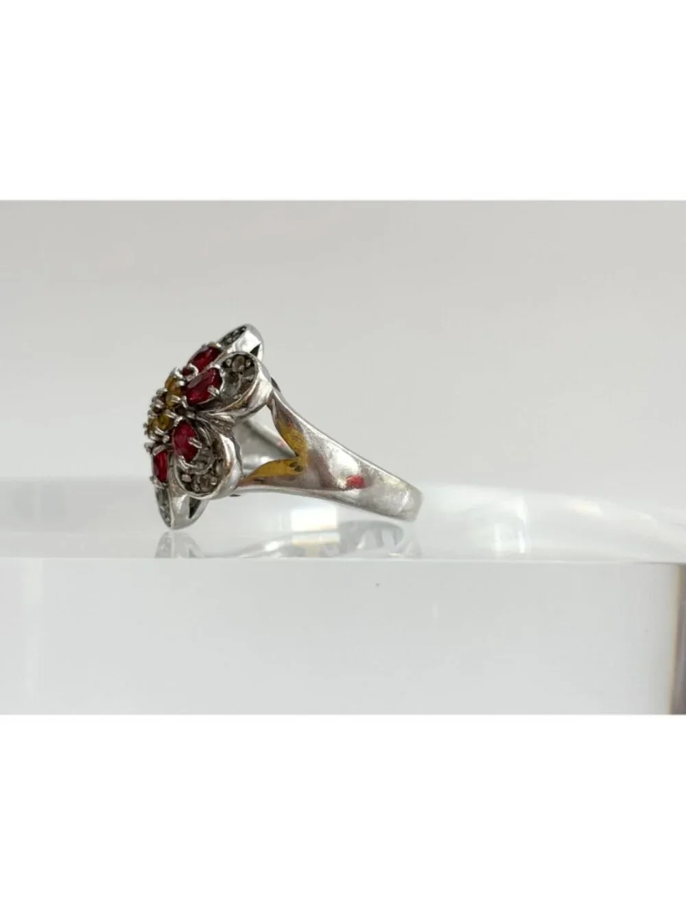 Garnet & Citrine Gemstone Floral Sterling Silver 925 Vintage Ring - sz 9.25